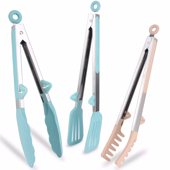Conjunto de utensílios de cozinha com alça de aço inoxidável de 9/12 polegadas, resistência ao calor, clipe de comida de silicone